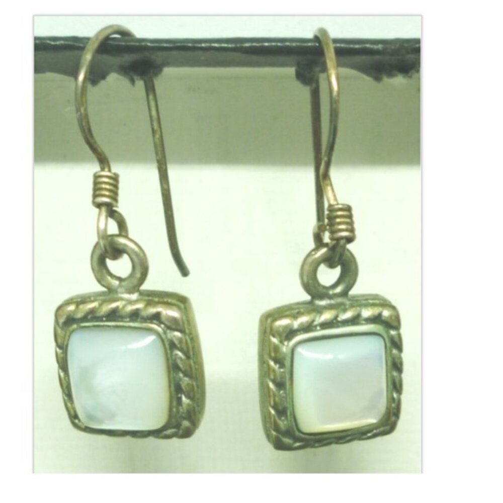 STERLING SILVER .925 SQUARE WHITE PEARL MOONSTONE DANGLING POST EARRINGS